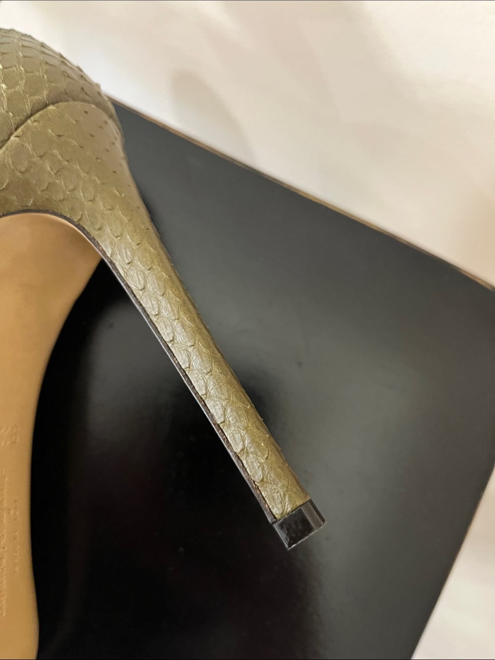 Salvatore Ferragamo Olive Green Pointed Toe Bow Pumps with Gold Accent - Picture 14 of 16